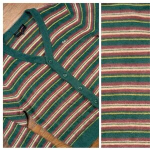 Teddy Fresh‎ Striped Fuzzy Cardigan Sweater Green Burgundy Yellow Mens Size M